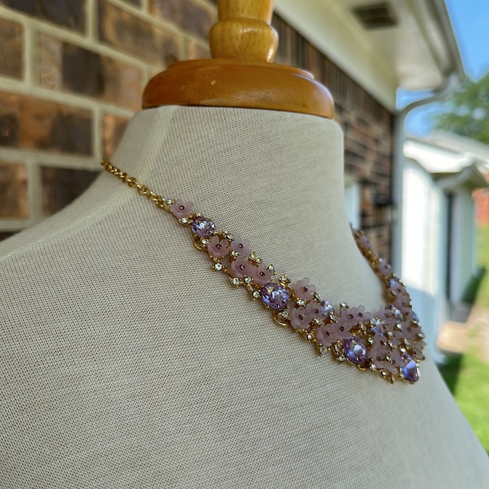 Purple Flower Necklace With Clear and Purple Rhinestones - Picture 3 of 3